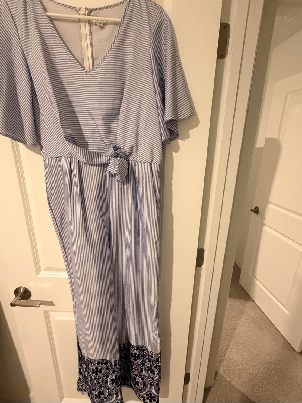 Spense Light Blue & White Striped Jumpsuit with Tie Waist